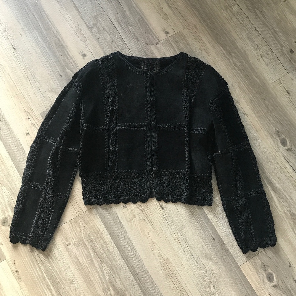 Vintage Black Suede & Crochet Bohemian Jacket Size S/M